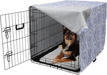 Lunarable Mandala Dog Crate Cover, Ceremonial Retro Minimal Far Eastern Pattern, Easy to Use Pet Kennel Cover for Medium Large Dogs, 36 Inch, Lavender Blue and White