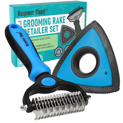 Maxpower Planet Pet Grooming Rake and Mini Pet Hair Remover Tool, Undercoat Rake for Dogs & Hair Remover for Car Carpet, Cat Hair Remover and Double-Sided Deshedding Dematting Tool for Dogs and Cats