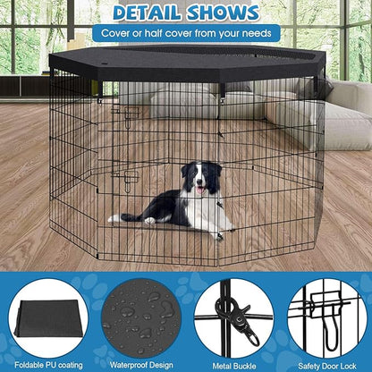 Pet Playpen Dog Fence Foldable Metal Dog Pen Wire Exercise Puppy Play Yard Pet Enclosure Indoor Outdoor 8 Panels 36 Inch with Bottom Pad/Top Cover(Black 36 top Cover)