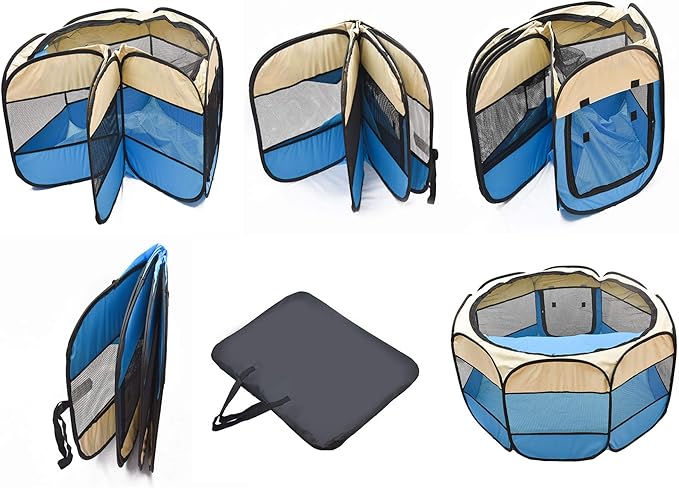 Portable Dog Playpen Cat Tent,Pop Up Playpen for Small Middle Dogs Cats Pet Tent Playground, Indoor Outdoor,47x47x30,Blue/Black,1Pack