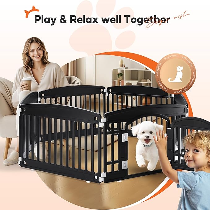 HealSmart 6 Panel 24" Plastic Dog Playpen, Folding & Portable Pet Playpen for Indoor & Outdoor Use, Safe & Secure Fence, Ideal for Small to Medium Dogs, Black