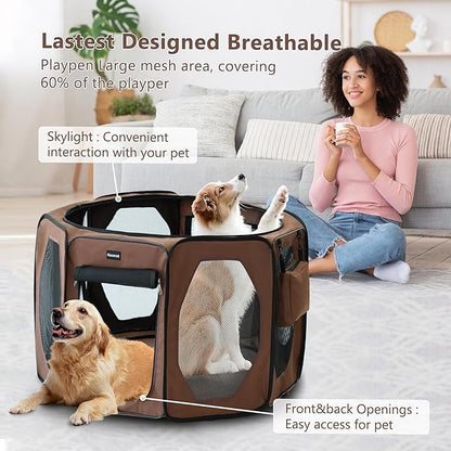 Dog Playpen, Cat Dog Crate Portable Pet Exercise Cage Kennel House Puppy Playpen Animal Playpen Indoor/Outdoor, Water-Resistant Kennel Tent with Traveling Bag (Brown, Large)