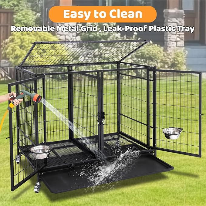 Homey Pet Stackable 43 inch Dog Crate Cage Kennel Indoor with Divider, 2X Steel Bowls, 4X Lockable Wheels, Tray, Heavy Duty Wire Dog Crates for Large/Medium/Small Dogs (Tall Model)