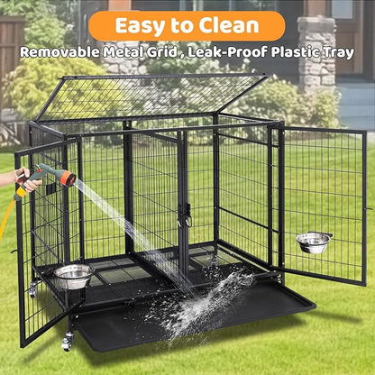 Homey Pet Stackable 43 inch Dog Crate Cage Kennel Indoor with Divider, 2X Steel Bowls, 4X Lockable Wheels, Tray, Heavy Duty Wire Dog Crates for Large/Medium/Small Dogs (Tall Model)