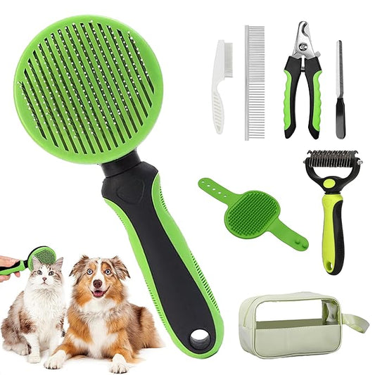 Pet Grooming Brush Kit 7pcs, Cat and Dog Brush With Release Button - Nail Clippers File Set for Long Matted Haired Pets and Nail Repair
