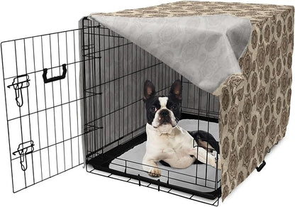 Lunarable Cream Dog Crate Cover, Vintage Eastern Inspired Design with Symmetrical Elements Abstract Flower Arrangement, Easy to Use Pet Kennel Cover for Small Dogs Puppies Kittens, 22 Inch, Tan Brown