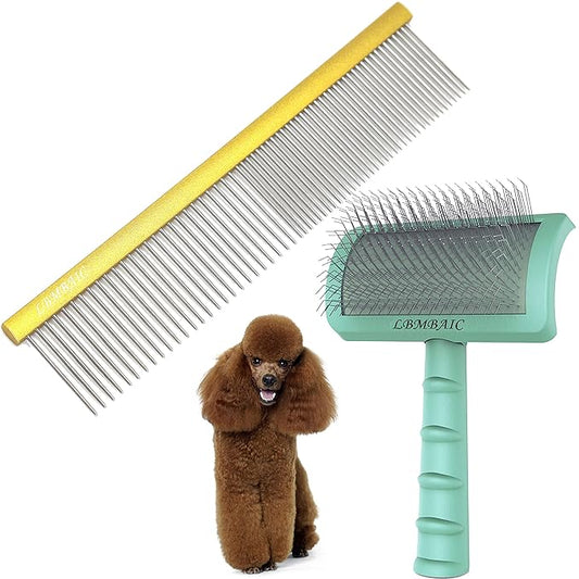 Metal Grooming Comb for Dogs 7.5inches and Dog Slicker Brushes for Long Thick Coat Dogs and Cats.