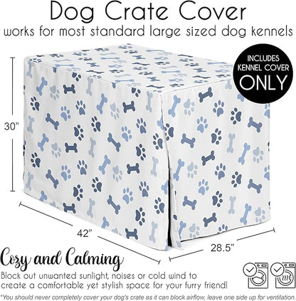 Sweet Jojo Designs 42in. Medium/Large Dog Crate Cover (Bones and Paw Prints) for Boys Pet Cage, Kennel Covers (Modern, Cartoon, Doggy, Puppy, Neutral, Paws Print, Whimsical, Playful, Slate Navy Blue)