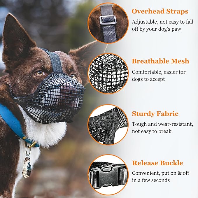 Crazy Felix Dog Muzzle, Soft Mesh Muzzle for Small Medium Large Dogs Labrador German Shepherd, Breathable Adjustable Muzzles for Biting, Chewing, and Scavenging, Allows Panting and Drinking(Black,XS+)