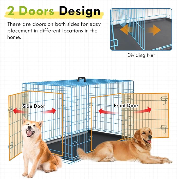 PayLessHere Large Dog Crate Kennel for Medium Large Dogs Metal Dog Cage Double-Door Folding Travel Indoor Outdoor Puppy Playpen with Divider and Handle Plastic Tray (42 Inch, Blue)