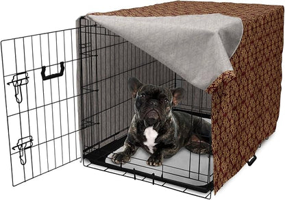 Lunarable Burgundy Dog Crate Cover, Royal Victorian Pattern with Antique Design Elements Baroque Swirls Squares, Easy to Use Pet Kennel Cover for Cats & Medium Dogs, 24 Inch, Burgundy Mustard