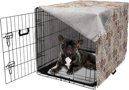 Lunarable Ethnic Dog Crate Cover, Portuguese Azulejo Mosaics with Floral Scrolls Retro Mediterranean, Easy to Use Pet Kennel Cover for Cats & Medium Dogs, 24 Inch, Chocolate Earth Yellow