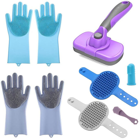 Dog Grooming Gloves and Brush Set - Dog Washing Gloves | Self-Cleaning Slicker Brush| Dog Bath Brush| Grooming kits for Nose and Teeth (7 pcs)