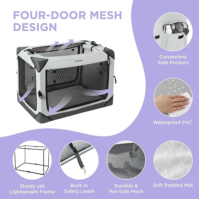 Lesure Collapsible Dog Crate - Portable Travel Kennel for Extra Small Dog, 4-Door Pet Crate with Durable Mesh Windows, Indoor & Outdoor, Light Gray