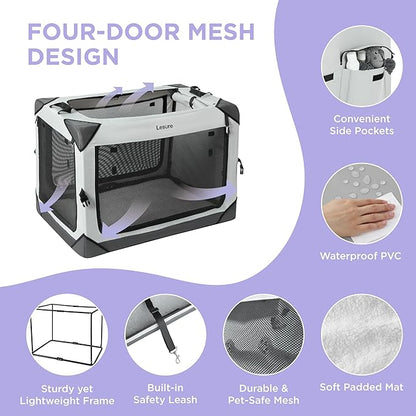 Lesure Collapsible Dog Crate - Portable Travel Kennel for Medium Dog, 4-Door Pet Crate with Durable Mesh Windows, Indoor & Outdoor, Charcoal Gray