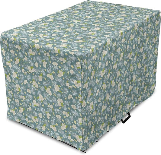 Lunarable Spring Dog Crate Cover, Pastel Tone Romantic Blossoming Flowers Pattern Vintage Garden Art, Easy to Use Pet Kennel Cover for Small Dogs Puppies Kittens, 22 Inch, Cadet Blue Eggshell