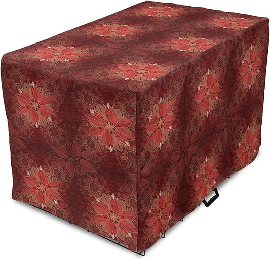 Lunarable Burgundy Dog Crate Cover, Flourishing Nature Garden Inspired Flowers Pattern Psychedelic Look, Easy to Use Pet Kennel Cover for Medium Large Dogs, 36 Inch, Burgundy Coral Tan