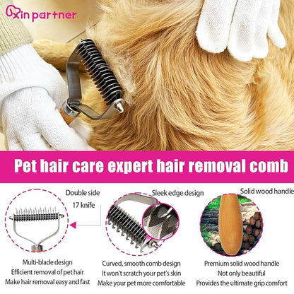 Pet Dematting Comb for Dogs and Cats with Wood Handle, Deshedding Undercoat Rake for Dogs with Stainless Steel Blades, Dog Comb for Detangling Thinning and Shedding, All Hair Types