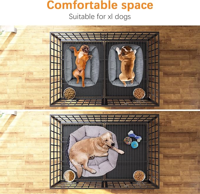 Dosker 48/42 inch XL Dog Crate for Large Dog/Double Medium Dogs,Heavy Duty Metal Dog Cages,All Metal Open Top Stackable,Dog Kennel Indoor with Wheels,Floor Grid, Tray, Divider and Feeding Bowl