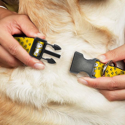 Peanuts Worldwide LLC Pet Collar, Dog Collar Plastic Buckle, Peanuts Snoopy Smiling Pose Paw Print Yellow Black White, 9.5 to 14.5 Inches 0.5 Inch Wide