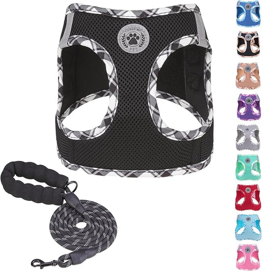 BEAUTYZOO Step in Dog Harness and Leash Set,Reflective Dog Harness No Pull No Choke Puppy Harness for Small Medium Large Dogs Cats,Soft Padded Mesh Vest Harnesses for Girl and Boy Pets,Black Plaid M