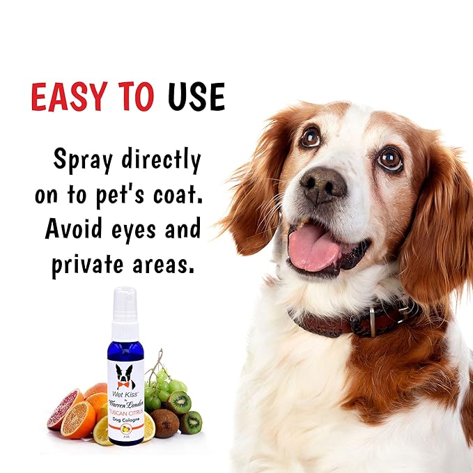 Warren London - Wet Kiss Dog Cologne, Long Lasting Dog Spray, Dog Deodorant to Remove Odor from Stinky Dogs, Tuscan Citrus, 2 Ounce Bottle