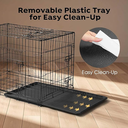 Veehoo 42 inch Dog Crates for Large Dogs with Bumper-Three Doors Folding Metal Wire Dog Crate Cage, Indoor Outdoor Large Dog Crate with Plastic Leak-Proof Tray-Portable Pet Kennel Kit