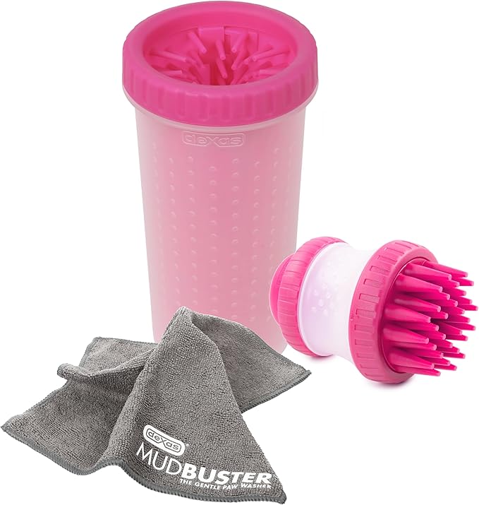 Dexas MudBuster Portable Pet Cleaning Kit with Dog Paw Washer, Pet Bathing Brush, Microfiber Towel, Large, Pink