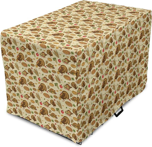 Lunarable Thanksgiving Dog Crate Cover, Special Day Family Dinner Classical Delicious Meal Abundance Harvest, Easy to Use Pet Kennel Cover for Medium Large Dogs, 36 Inch, Orange Brown Green