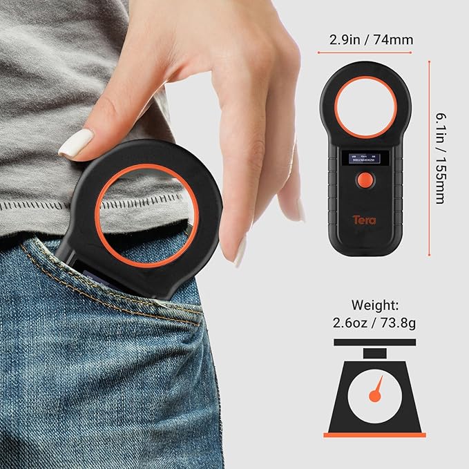 Tera Portable Pet Microchip Scanner - Works with Bluetooth 2.4G Wireless Wired USB Animal Tag Reader with OLED Display Screen Rechargeable Data Storage EMID FDX-B(ISO11784/85) for Pet W90D