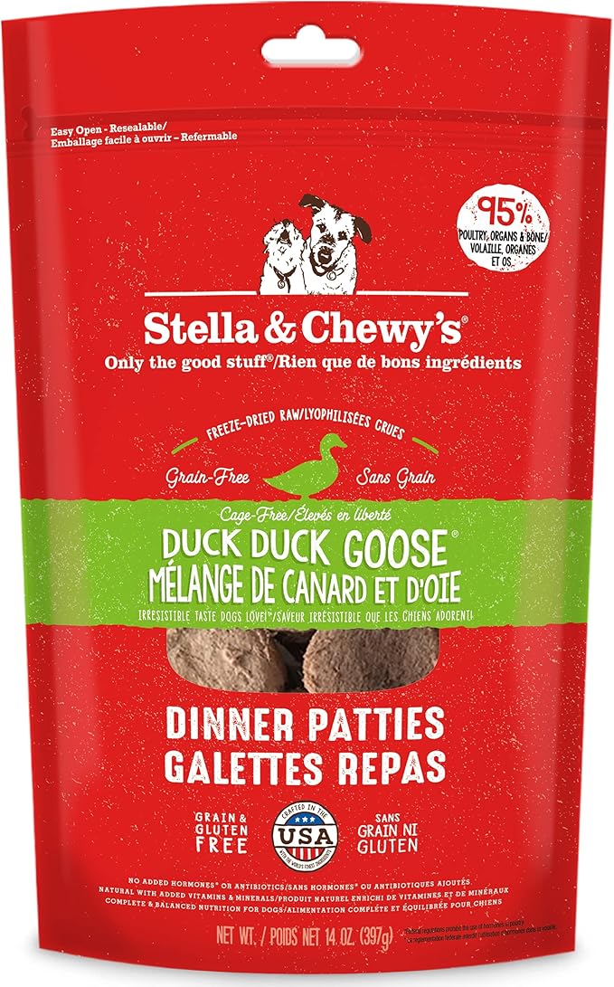 Stella & Chewy's Freeze Dried Raw Dinner Patties – Grain Free Dog Food, Protein Rich Duck Duck Goose Recipe – 14 oz Bag