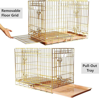 HOMEY PET 24" Gold Color Folding Design Dog Crate Puppy Ertra Small Breed Dog Kennels with Removable Floor Grid and Pull Out Tray, Dog Cage Copper Gold Finish