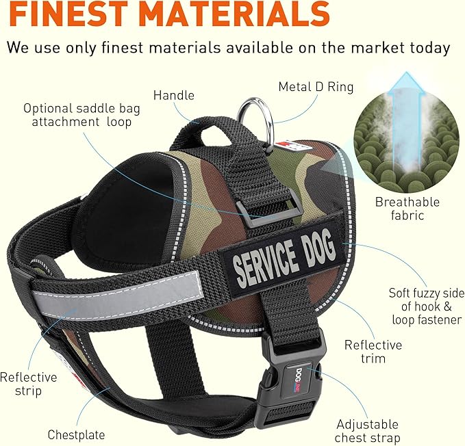 Dogline Unimax Service Dog Harness Vest with Removable Service Dog Patches Adjustable Straps Breathable Neoprene for Medical Identification Training Dogs Girth 15 to 19 in Green Camo