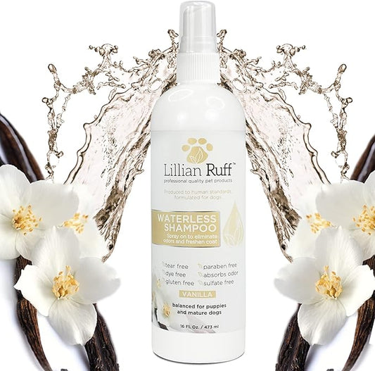 Lillian Ruff Waterless No-Rinse Dog Dry Shampoo Spray with Hydrating Essential Oils - pH-Balanced Dry Shampoo for Dogs - Clean, Condition, Detangle & Deodorize Dry, Sensitive Skin (Vanilla)