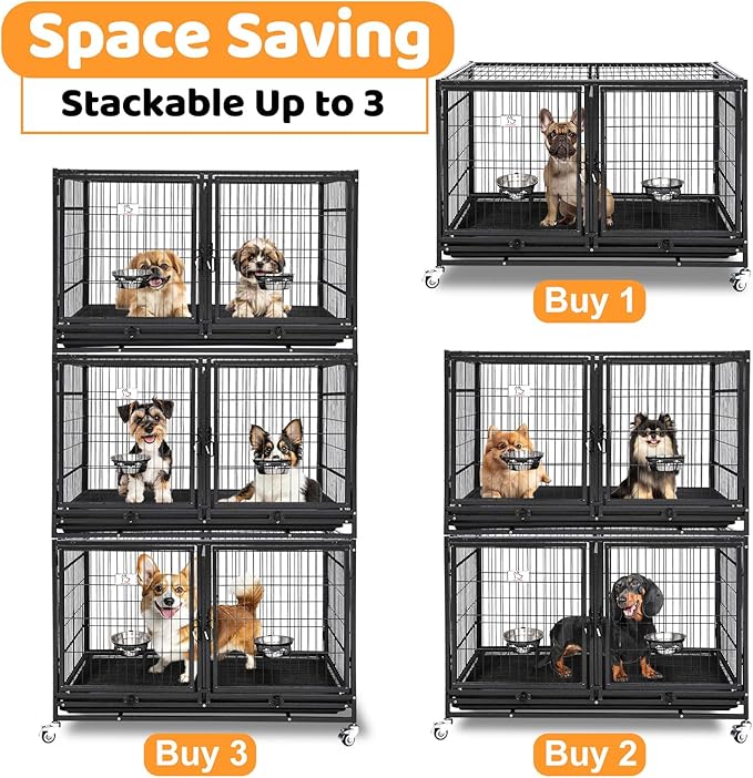Homey Pet 43 Inch Metal Open Top Stackable Heavy Duty Dog Cage Kennel with Three Door, Metal Floor Grid, Tray, Wheels, Divider and Feeding Bowl, Drop Dog Cages Indoor