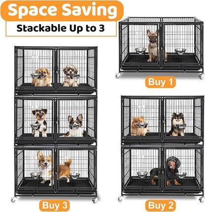Homey Pet 43 Inch Metal Open Top Stackable Heavy Duty Dog Cage Kennel with Three Door, Metal Floor Grid, Tray, Wheels, Divider and Feeding Bowl, Drop Dog Cages Indoor