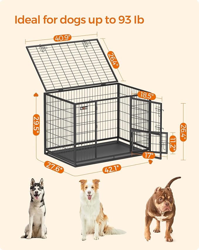 Feandrea Heavy-Duty Dog Crate, Metal Dog Kennel and Cage with Removable Tray, XL for Medium and Large Dogs, 42.1 x 27.6 x 29.5 Inches, Black UPPD001B01