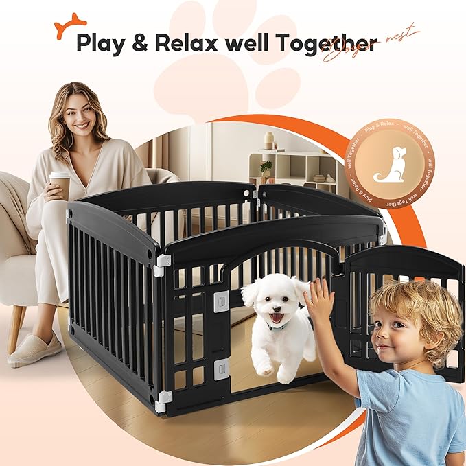 HealSmart 4 Panel 24" Plastic Dog Playpen, Folding & Portable Pet Playpen for Indoor & Outdoor Use, Safe & Secure Fence, Ideal for Small to Medium Dogs, Black
