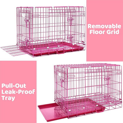HOMEY PET 30 Inch Pink Dog Crate, Cute Cage Medium Sized Dog Collapsible Small Dog Kennel Indoor Nano-Coated Metal Wire Dog Crate with Removable Floor Grid Tray, Double Doors Dual Locks, Handle
