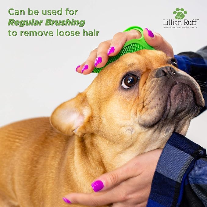 Lillian Ruff Dog Bath Brush - 2 Pack of Flexible Rubber Dog Shower Brush with Adjustable Strap - Soothing Massage Bristles Produce more Lather, Reduce Bath Time, Remove More Dirt & Loose Hair (Green)