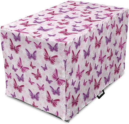 Ambesonne Purple Dog Crate Cover, Abstract Butterflies on Floral Background Feminine Romance Illustration, Easy to Use Pet Kennel Cover for Cats & Medium Dogs, 24 Inch, Maroon Purple Pale Pink