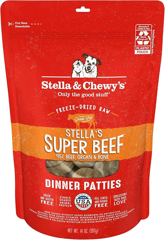 Stella & Chewy's Freeze Dried Raw Dinner Patties – Grain Free Dog Food, Protein Rich Stella’s Super Beef Recipe – 14 oz Bag