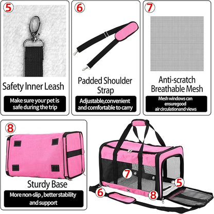 Soft Sided Cat/Dog Carrier,Collapsible Pets Travel Carriers for Pet/Puppy with Shoulder Strap & Removable Mat,Mesh Top Load Small Dogs/Cats Carry Bag Up to 25 Lbs（Pink,L）
