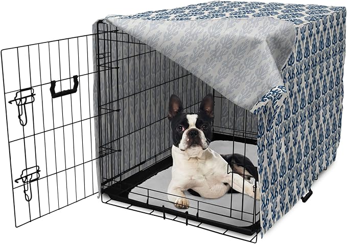 Lunarable Contemporary Blue Dog Crate Cover, Abstract Coral Inspired Motifs with Dots Around, Easy to Use Pet Kennel Cover for Small Dogs Puppies Kittens, 22 Inch, Pale Eggshell Night Blue