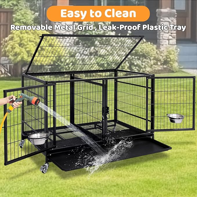 Homey Pet 43 Inch Metal Open Top Stackable Heavy Duty Dog Cage Kennel with Three Door, Metal Floor Grid, Tray, Wheels, Divider and Feeding Bowl, Drop Dog Cages Indoor