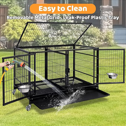 Homey Pet 43 Inch Metal Open Top Stackable Heavy Duty Dog Cage Kennel with Three Door, Metal Floor Grid, Tray, Wheels, Divider and Feeding Bowl, Drop Dog Cages Indoor