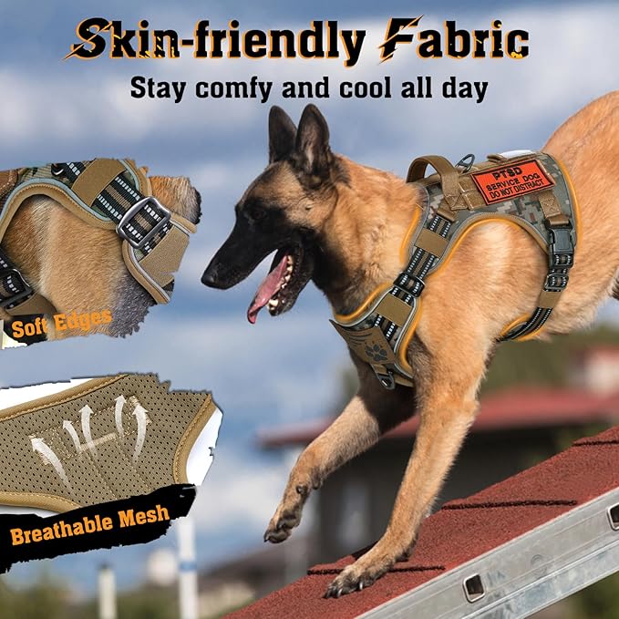 rabbitgoo Dog Harness Medium Sized No Pull, Tactical Service Dog Vest with Molle and Control Handle, Adjustable and Reflective Military Pet Harness for Easy Walking and Training, Desert camo, M