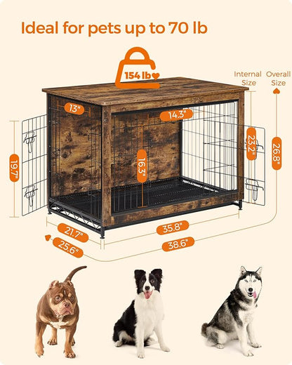 Feandrea Dog Crate Furniture, 38.6" Side End Table, Modern Kennel for Dogs Indoor up to 70 lb, Heavy-Duty Dog Cage with Multi-Purpose Removable Tray, Double-Door Dog House, Rustic Brown UPFC003X01