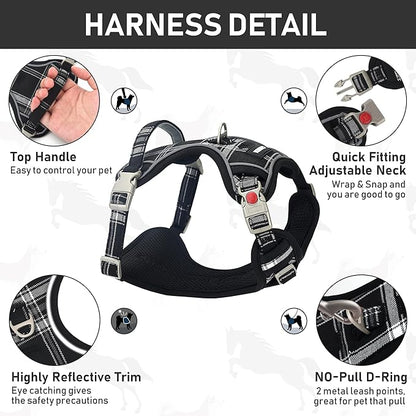 GAMUDA Dog Harness Collar and Leash Set, Horse Care Sheets, No Chock No Pull Adjustable Vest Harnesses Plaid Reflective for Medium Dog, Cat, Small Horse, Small Bull and Pig (Black, S)
