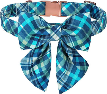 Maca Bates Dog Collar-Colorful Grid and Ripple Pattern Sailor Bow Tie,Adjustable Collar with Metal Buckle for Cat and Dog